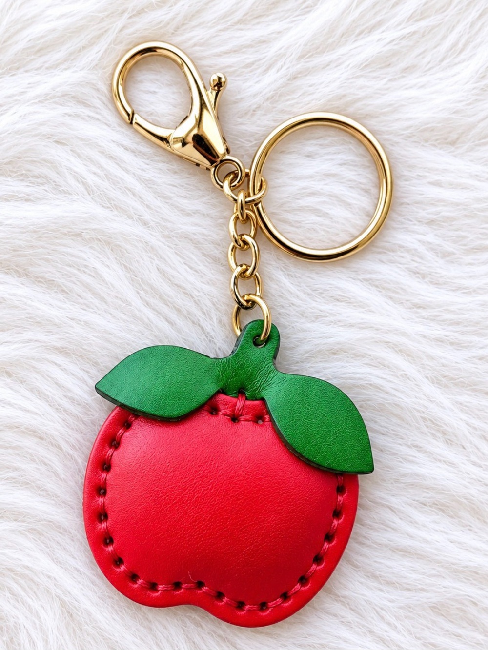 Leather Red Apple Keychain Bag Charm Key Ring Handmade Gift New - Picture 3 of 4